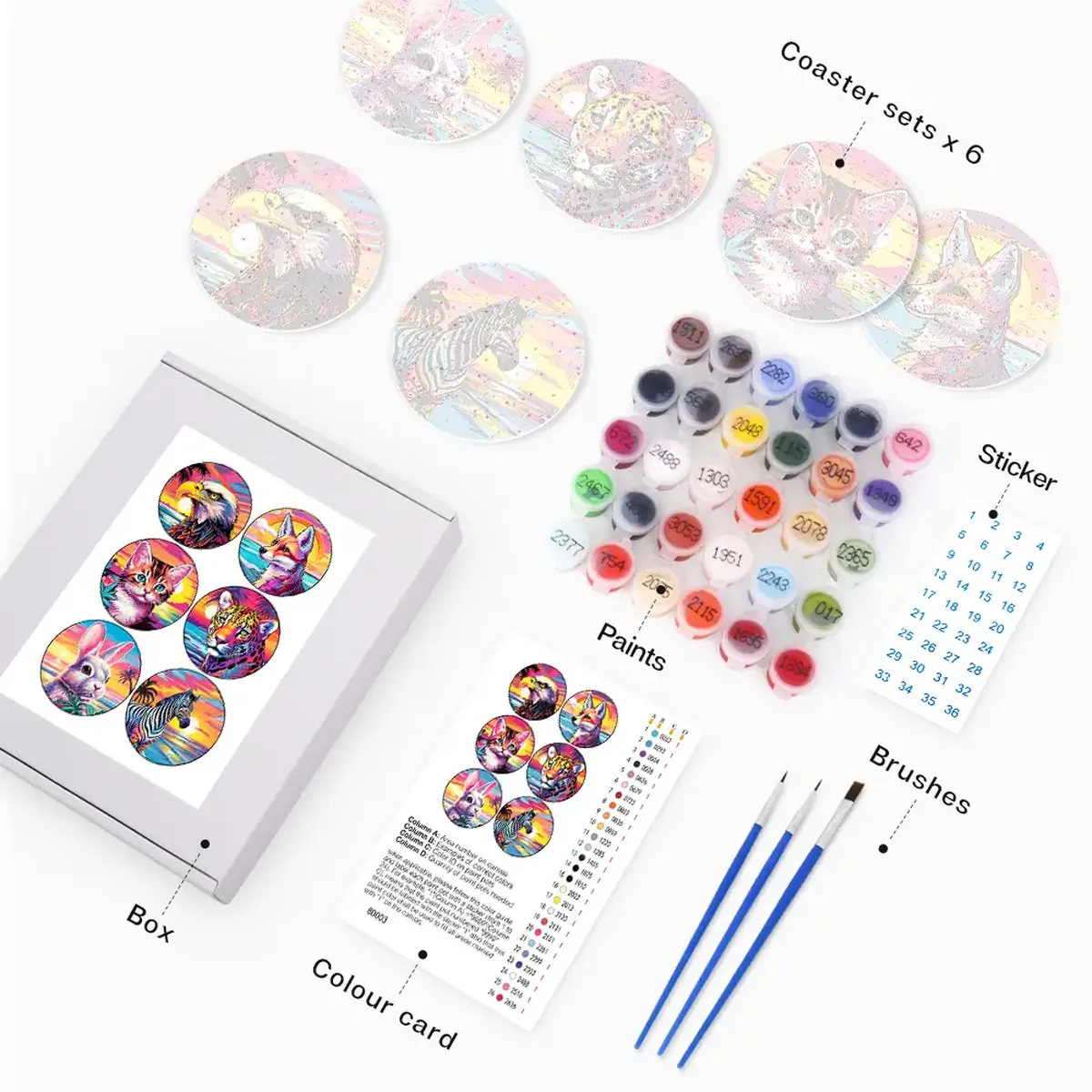 Sous-verres DIY Peinture par Numéros - Animaux Colorés (Tigre, Renard, Chat) 1 - Paint by Numbers Colorful Animals - Tiger Fox Cat Coasters DIY Paint By Numbers