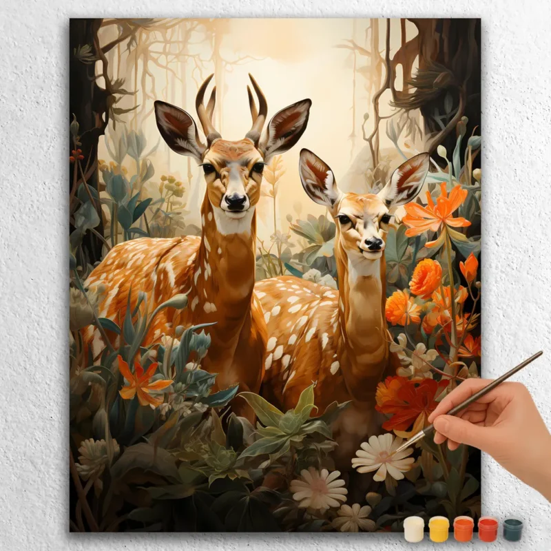 Flowers and Two Deer