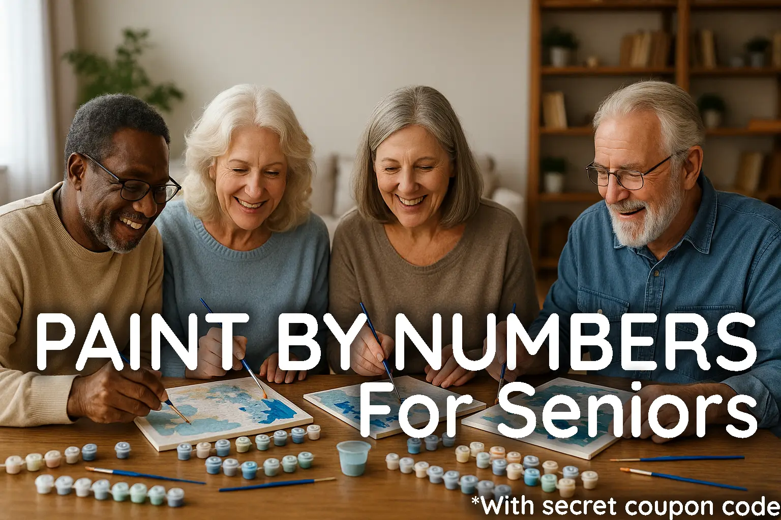 Four Senior Citizens working on a paint by numbers project