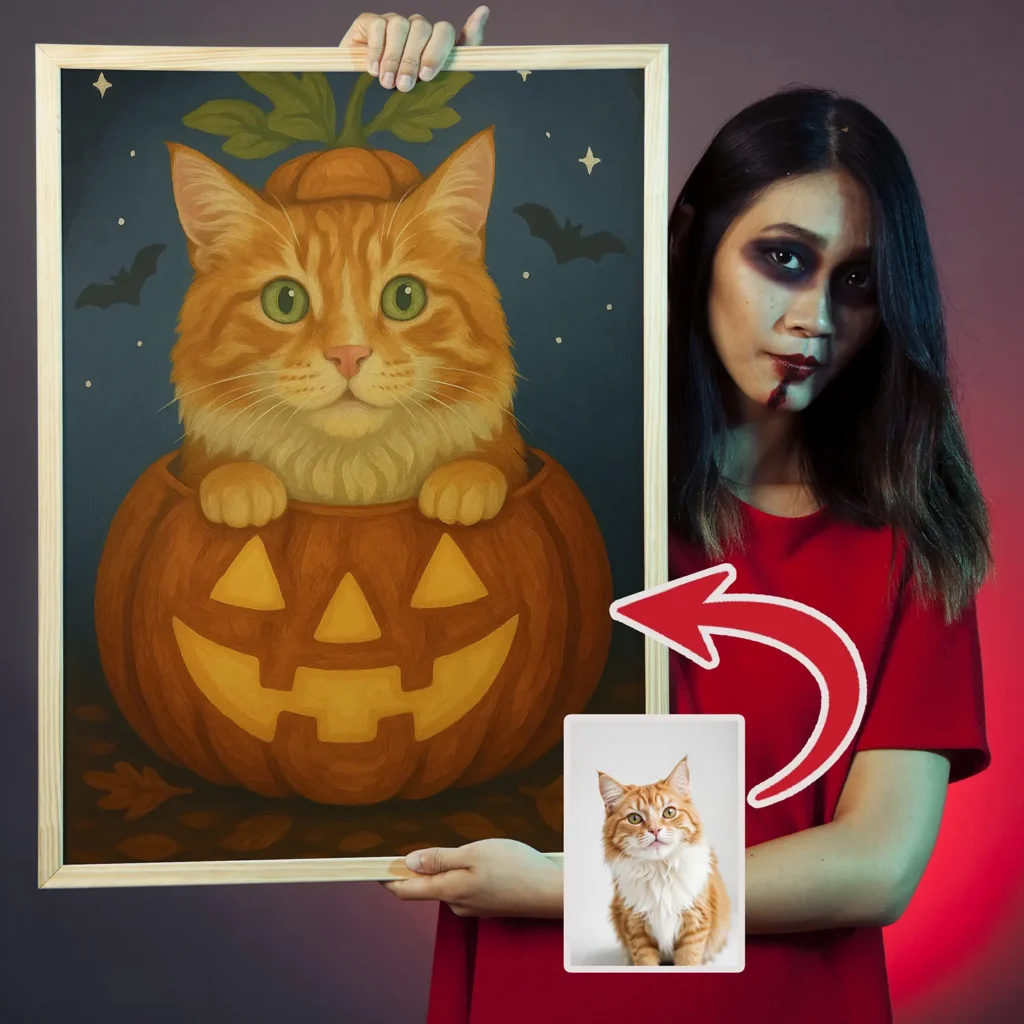 Paws, Potions & Portraits: Custom Halloween Masterpiece of Your Pet 4 - Paint by Numbers cat in pumpkin - Custom halloween pet portrait